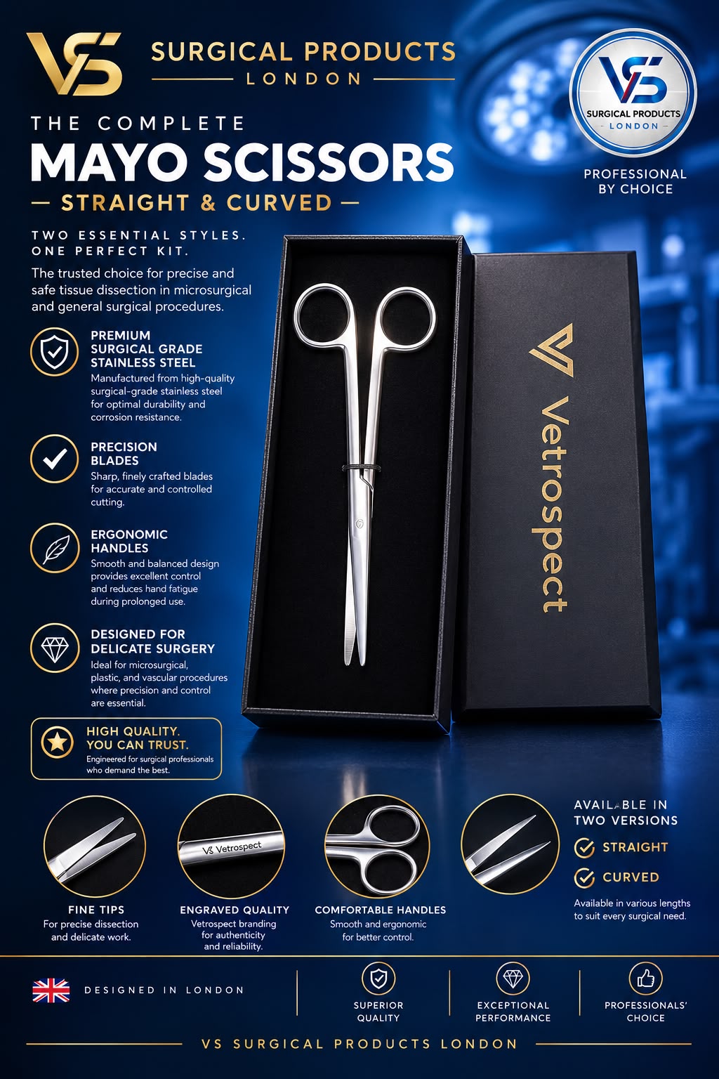 Mayo Scissors - Premium Surgical Grade - VETROSPECT by VS SURGICAL LONDON