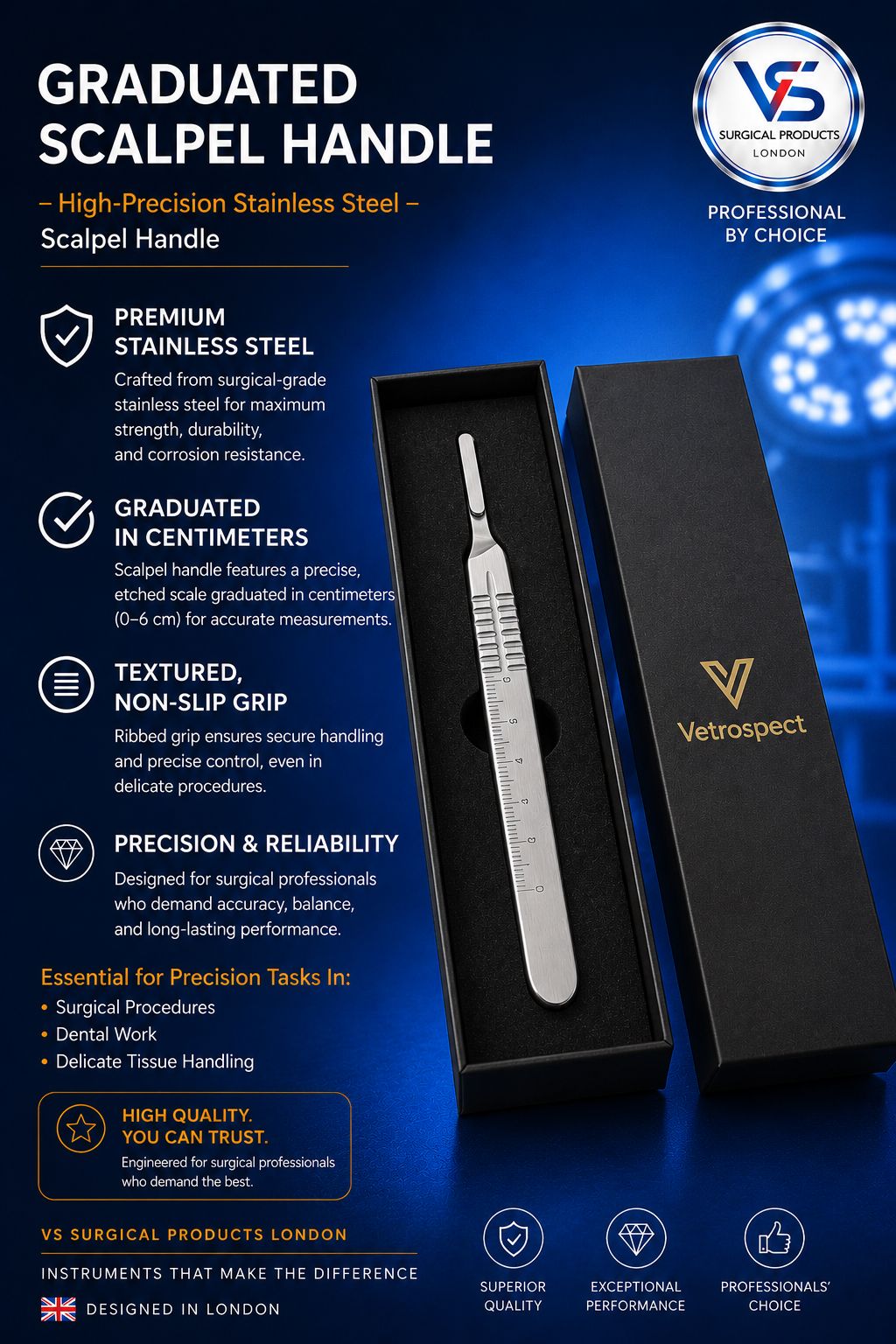 Scalpel Handle No.4 - Graduated High-Precision - VETROSPECT by VS SURGICAL LONDON