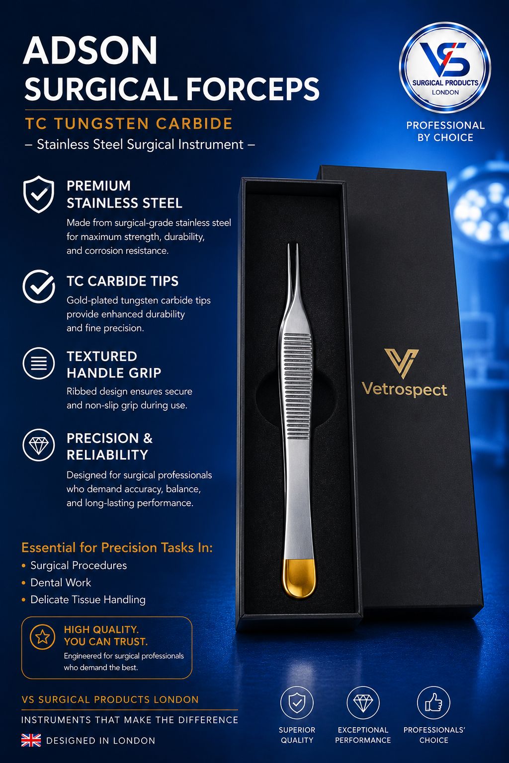 Adson Surgical Forceps TC Tungsten Carbide - VETROSPECT by VS SURGICAL LONDON