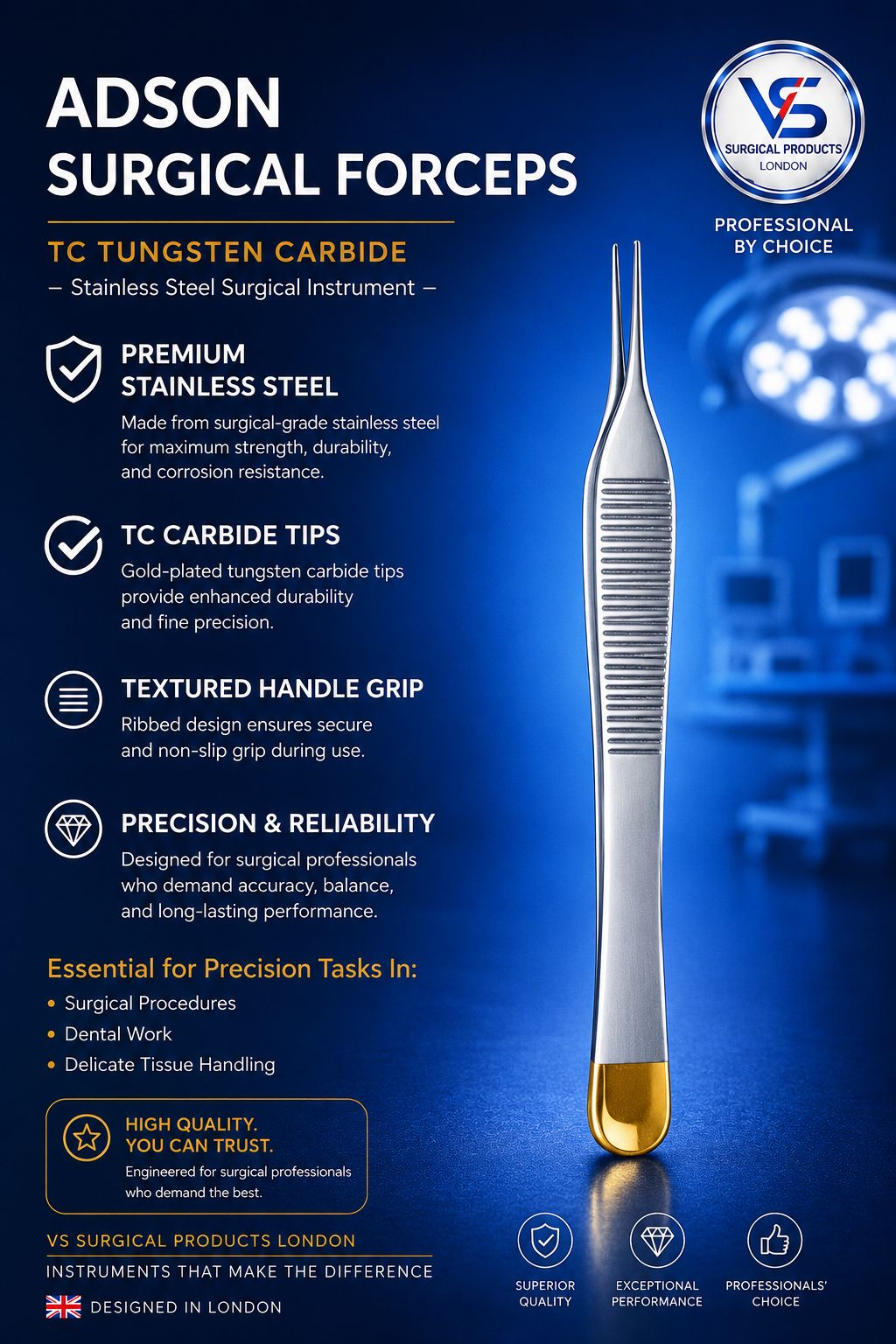 Adson Surgical Forceps TC Tungsten Carbide - VETROSPECT by VS SURGICAL LONDON