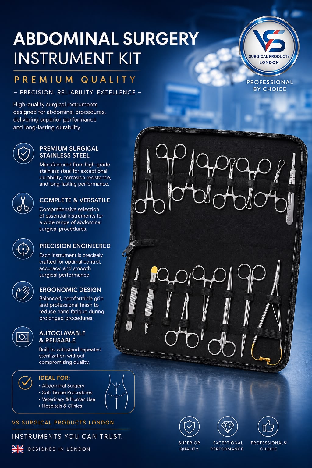Abdominal Surgery Instrument Kit 15 Pcs-Premium Quality VETROSPECT by VS SURGICAL PRODUCTS LONDON