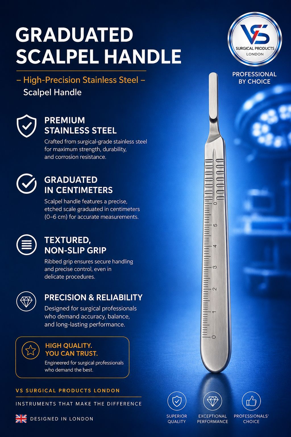 Scalpel Handle No.4 - Graduated High-Precision - VETROSPECT by VS SURGICAL LONDON
