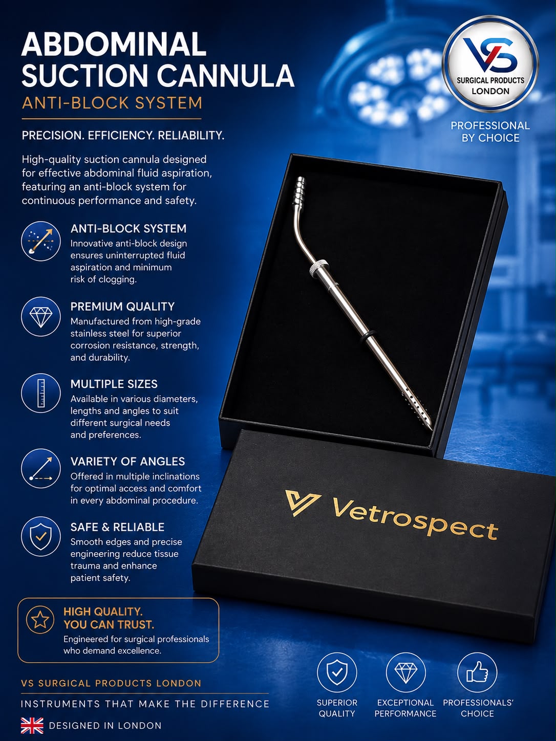 Abdominal Suction Cannula - Anti-Block System - VETROSPECT by VS SURGICAL LONDON