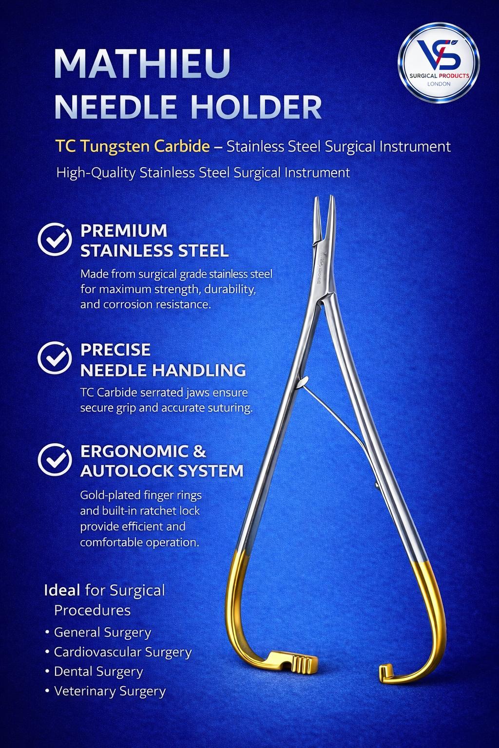 Mathieu Needle Holder 20cm With Tungsten Carbide - Premium TC - VETROSPECT by VS SURGICAL PRODUCTS LONDON
