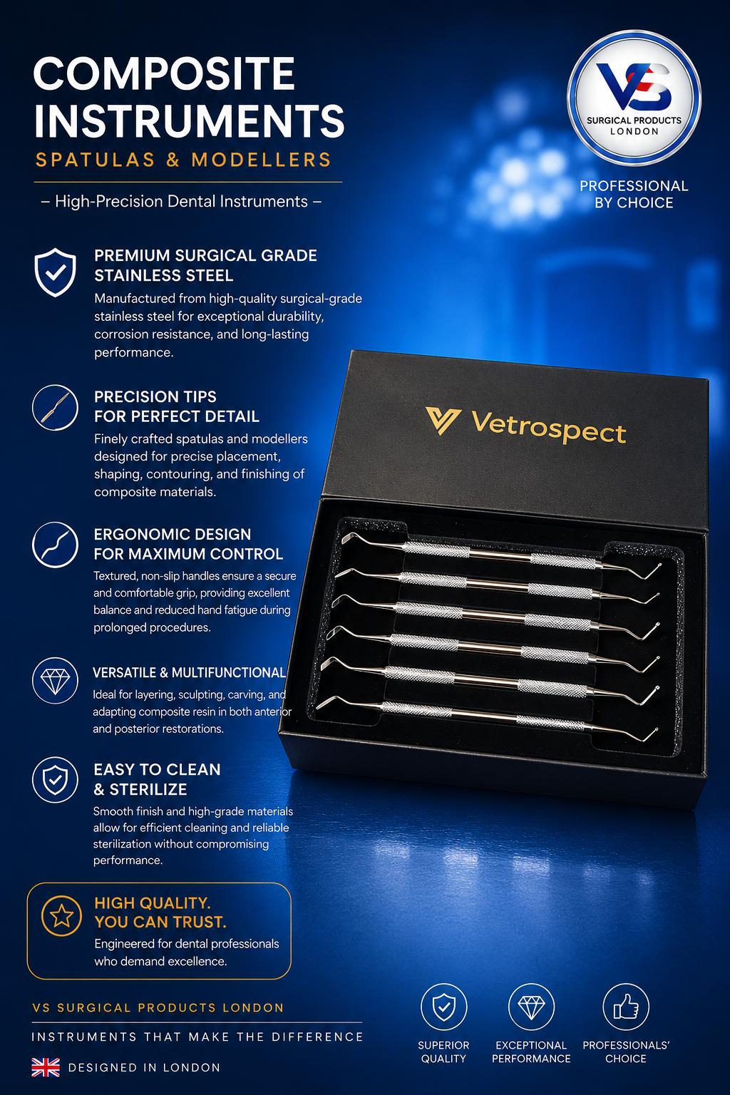 Composite Instruments Set 6 Pcs - Spatulas & Modellers - High-Precision Dental - VETROSPECT by VS SURGICAL LONDON