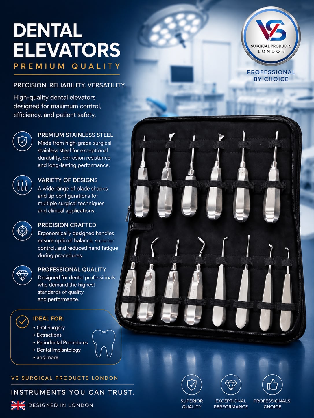 Dental Elevator Set 14 Pcs Professional Surgical Kit in Premium CASE-VETROSPECT-by VS SURGICAL PRODUCTS UK